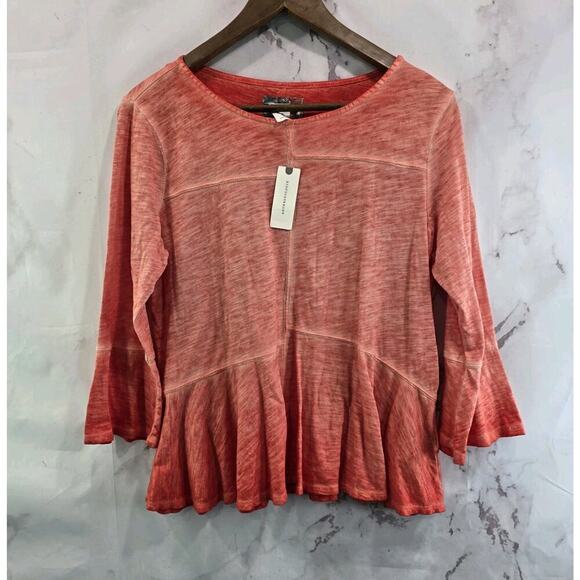 Anthropologie T Shirt Womens Small Salmon Bell Sleeve Burn Out Peplum Akemi Kin - Picture 1 of 13